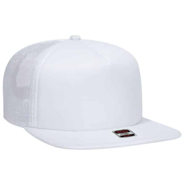 A white Otto Snap 5 Panel Trucker cap with a mesh back and a front panel featuring a logo.