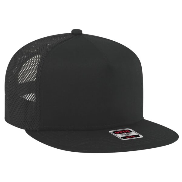 A black trucker cap featuring a solid front panel and mesh back, with a logo on the front.