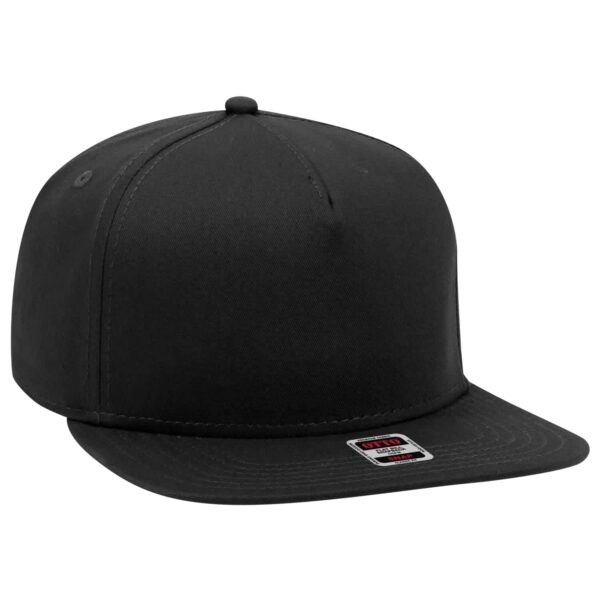 A black Otto Snap 5 Panel Snapback Hat with a flat brim and a branded tag on the side.