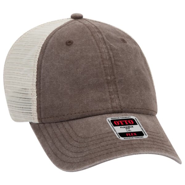 A brown trucker cap with a light mesh back and a label, featuring a six-panel design.