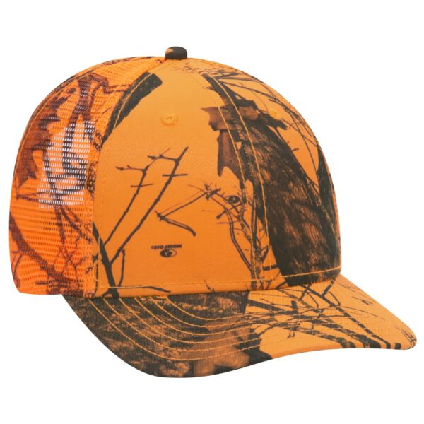 A cap in orange and camo print with a mesh back, featuring branding on the front.