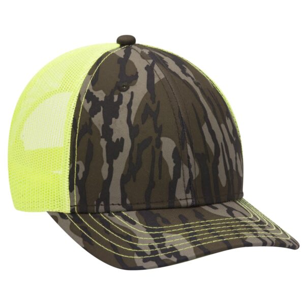 A cap featuring a camo design in shades of green and brown, with a bright yellow mesh back and a rounded peak.