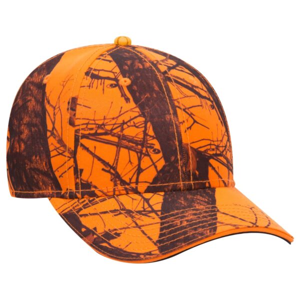 A cap featuring a vibrant orange and black camouflage pattern, designed with a six-panel structure and a logo.
