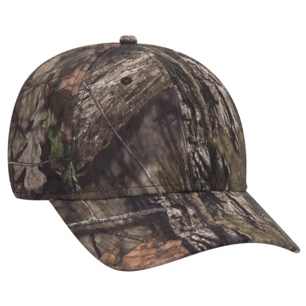 A camouflage baseball cap featuring a six-panel design and a curved brim, with a logo on the front.