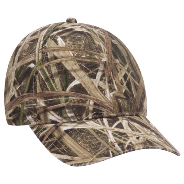 A camouflage baseball cap featuring a mossy oak pattern, designed with six panels and a curved brim.