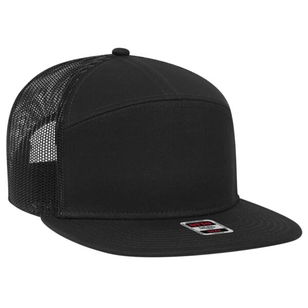 A black 7 Panel Trucker Snapback Hat with a mesh back and a flat brim, featuring a logo.