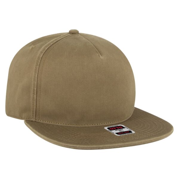 A tan 5 panel dad hat with a flat brim and a small logo on the front.