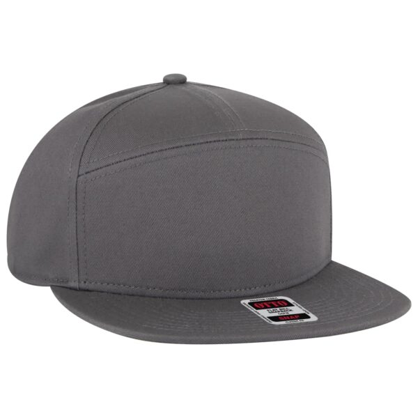 A grey mid-profile style mesh back trucker snapback hat with a logo on the front.