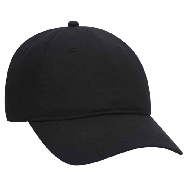 A black 6-panel baseball cap featuring a rounded crown and a curved brim. It includes a logo.