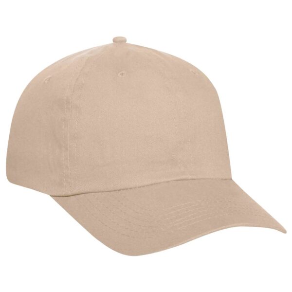 A tan 6-panel baseball cap with a curved brim and an adjustable strap at the back, featuring a logo.
