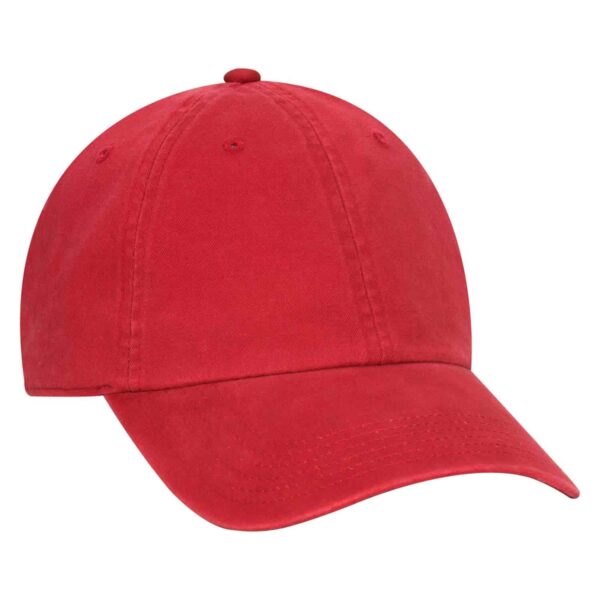 A red 6 panel dad hat with a rounded crown and a curved brim, featuring a logo on the front.