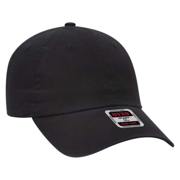 A black 6 panel dad hat with a rounded crown and a curved brim, featuring a logo on the side.