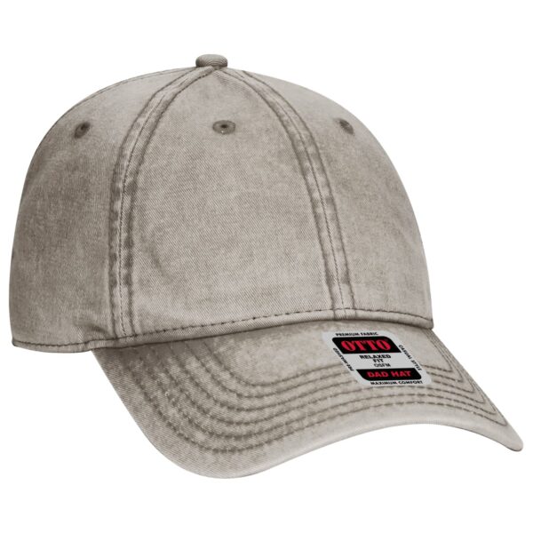 A grey 6 panel dad hat with a curved brim and a logo on the side.