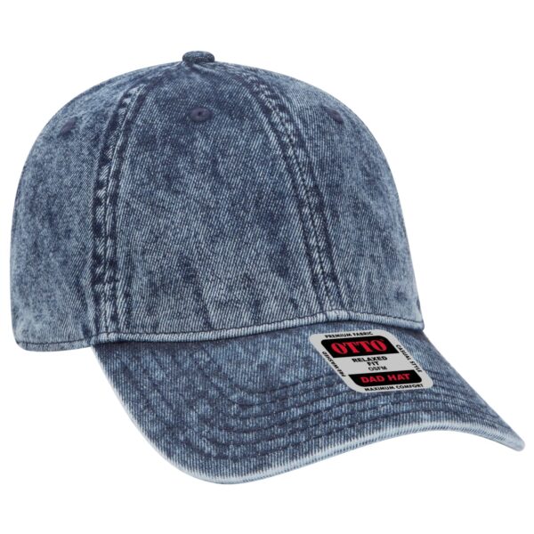 A denim-patterned 6 Panel Dad Hat in shades of blue, featuring a logo on the front.