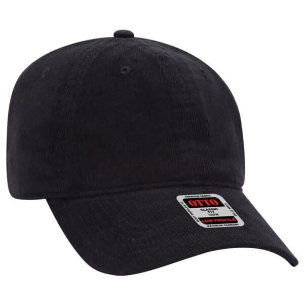 A black 6-panel baseball cap featuring a low-profile design and a logo on the front.