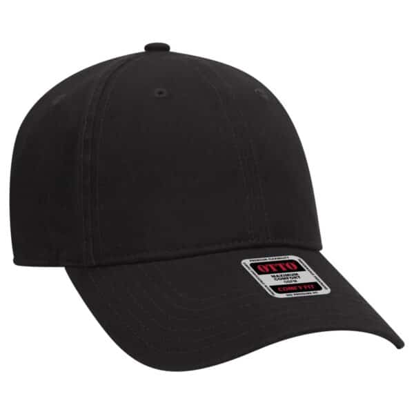 A black six-panel dad hat with a curved brim and a branded tag on the side.