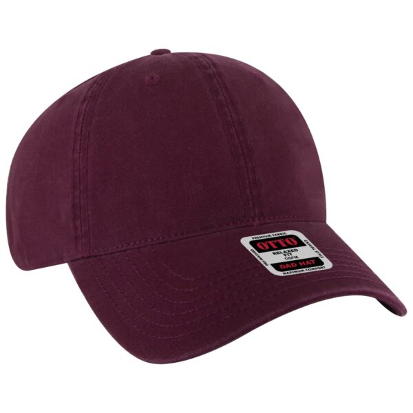 A maroon low profile dad hat with a curved brim and a small logo on the front.
