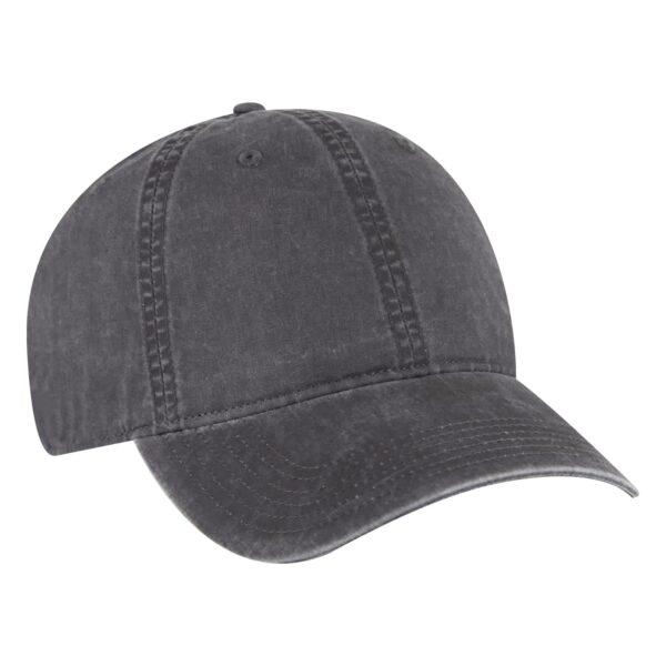 A low profile dad hat in a faded grey colour with a curved brim and adjustable strap, featuring a logo on the front.