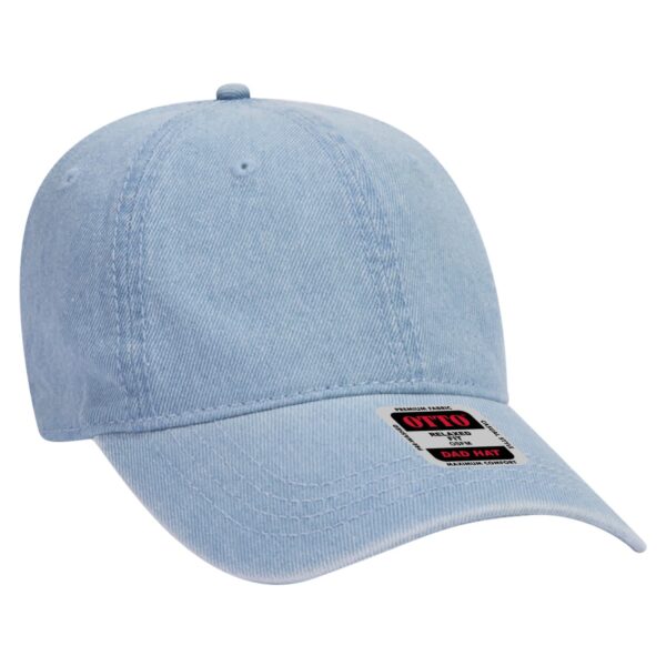 A light blue 6-panel dad hat with a curved brim and a logo on the front.