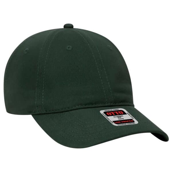 A dark green six-panel baseball cap featuring stitching detail and a logo on the front.