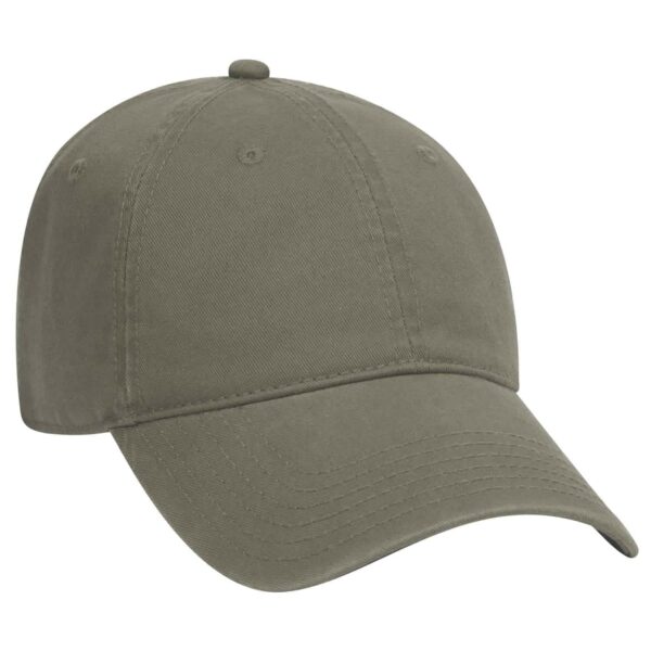 A 6 panel dad hat in olive green, featuring a curved brim and an adjustable strap at the back. It has a logo.