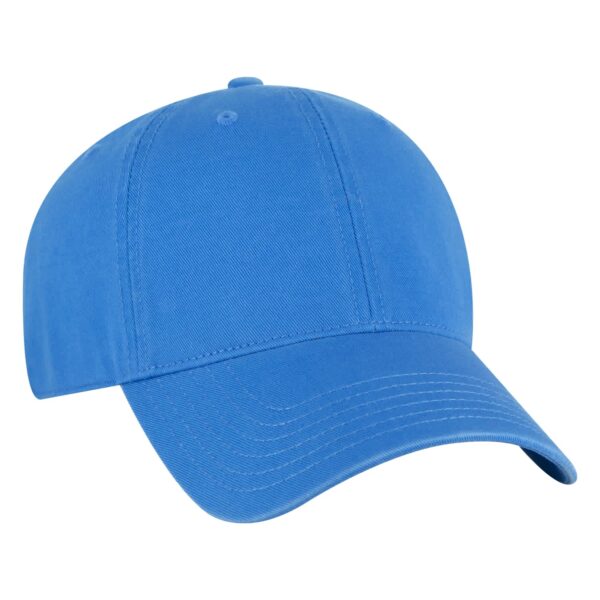 A blue 6 panel dad hat featuring a curved brim and a logo on the front.