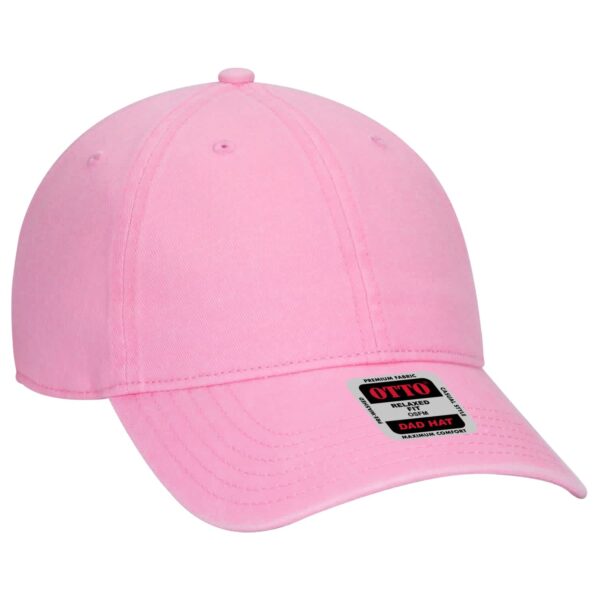 A pink 6-panel dad hat featuring a curved brim and a logo on the front.