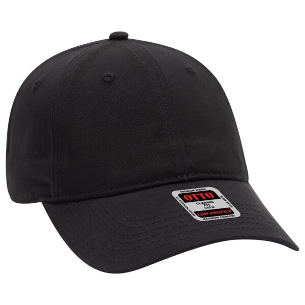 A black 6-panel baseball cap featuring a curved brim and a low-profile design. It includes a logo on the front.