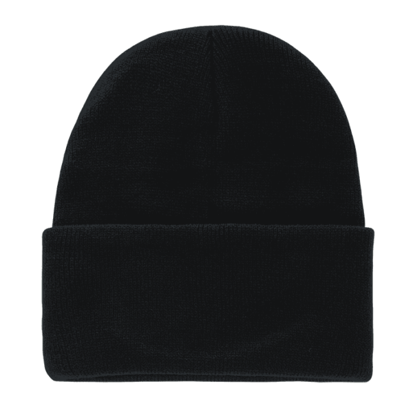 A black Acry/Poly long beanie with a folded cuff and a smooth texture. It features a logo on the side.