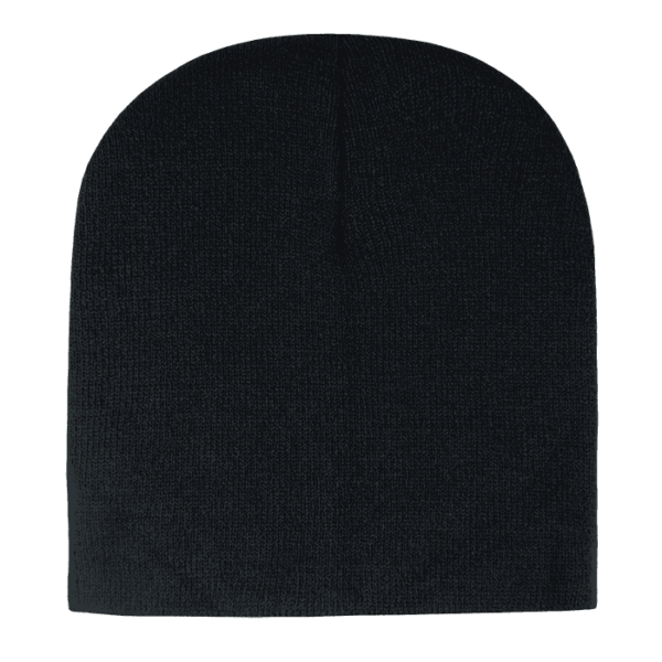 A black Acry/Poly short beanie with a smooth texture and a rounded top. It features a logo.