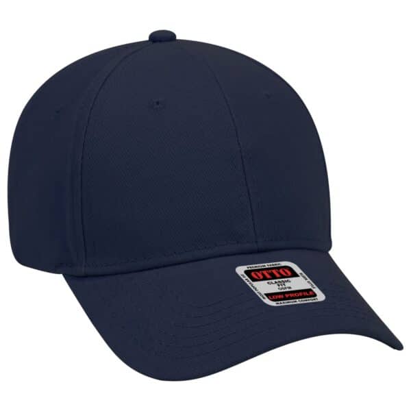 A navy 6-panel baseball cap with a curved brim and a logo on the front.