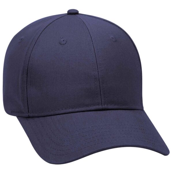 A navy blue 6-panel baseball cap with a rounded crown and a curved brim, featuring a logo.