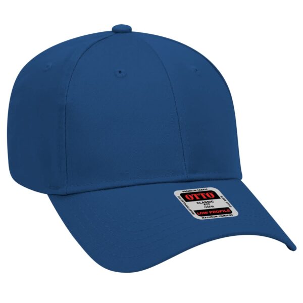 A blue 6-panel baseball cap featuring a low-profile design and a branded label on the front.