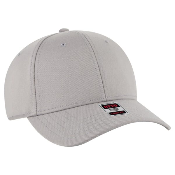 A grey low profile baseball cap with a rounded crown and a branded tag on the front.