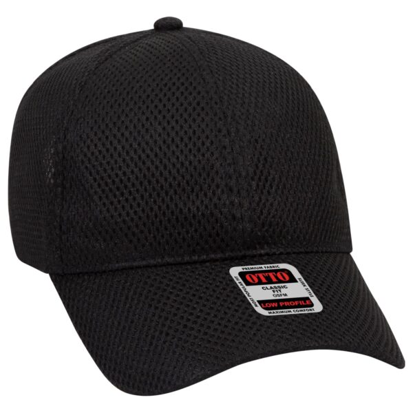 A black 6-panel baseball cap with a low-profile design and a logo on the front.