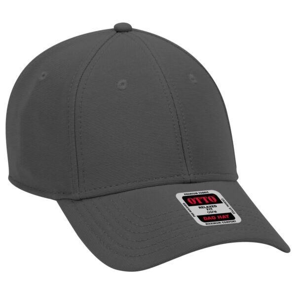 A grey 6-panel baseball cap with a curved brim and a logo label on the front.
