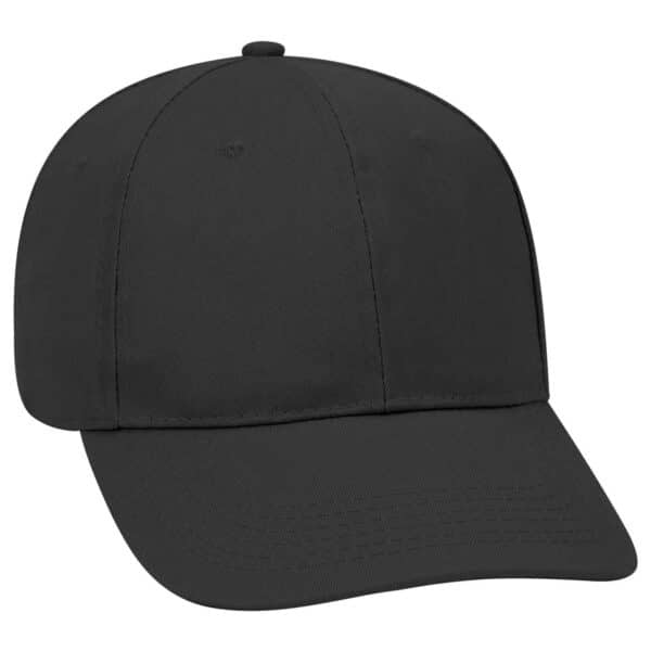 A black six-panel baseball cap featuring a curved brim and an adjustable strap at the back.