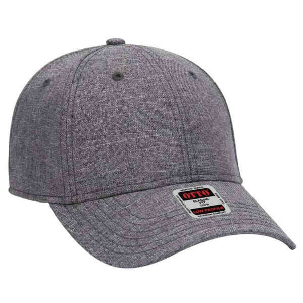 A grey 6-panel baseball cap with a low profile design and a branded tag.