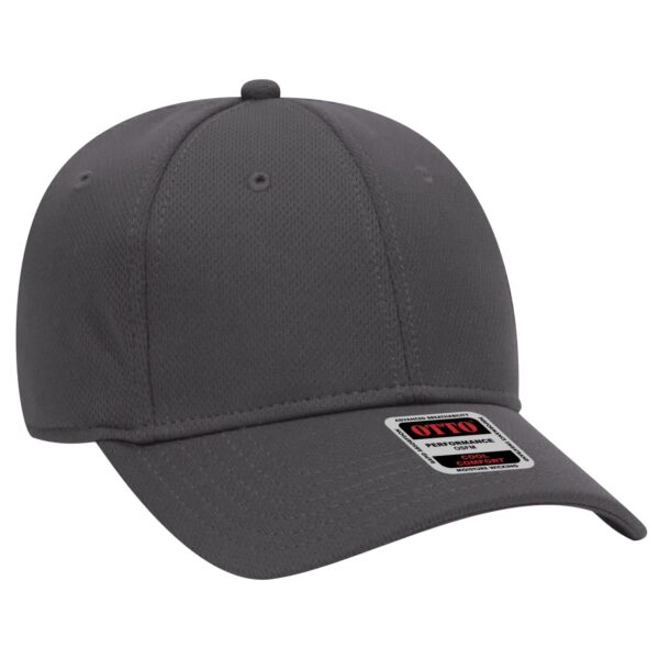 A grey 6 panel baseball cap with a curved brim and a logo tag on the front.