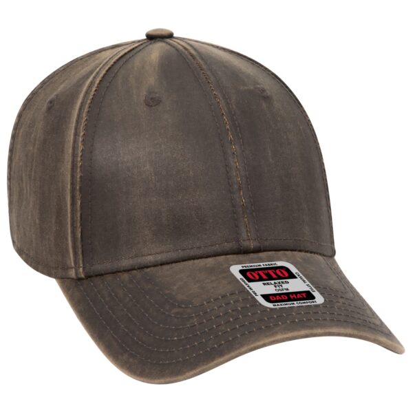 A 5-panel baseball cap in a distressed brown finish, featuring a stitched brim and a logo badge.