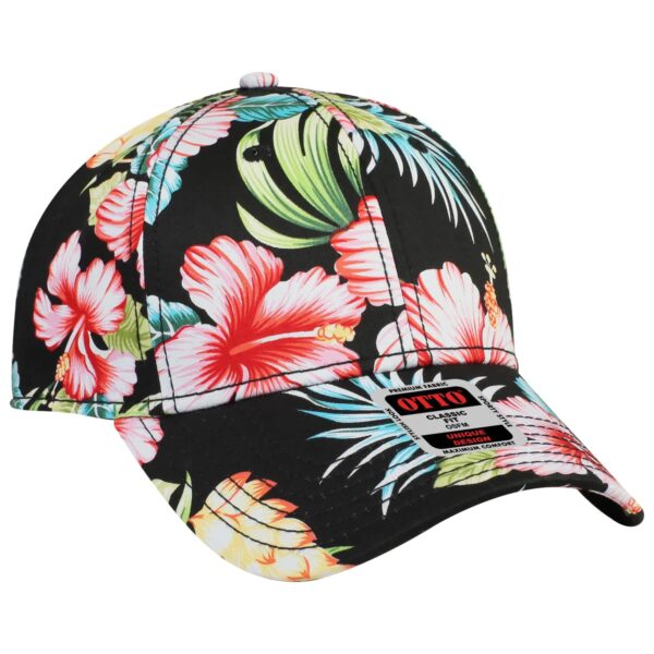 A 6-panel baseball cap featuring a vibrant floral pattern with pink and red hibiscus flowers against a black background.