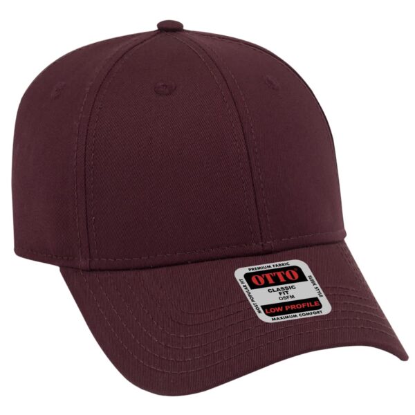 A low-profile, six-panel baseball cap in a deep burgundy colour, featuring a logo and a structured design.