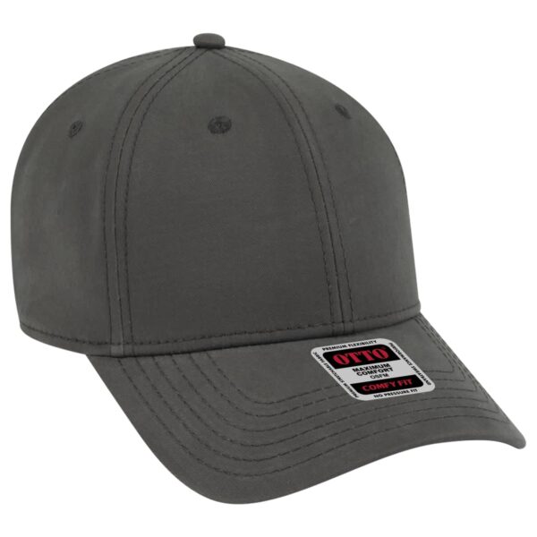 A grey six-panel baseball cap featuring a structured design and a logo on the front.