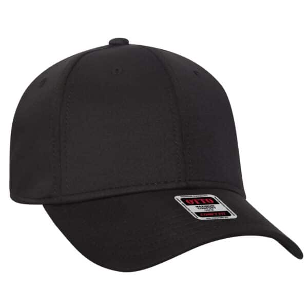 A black six-panel baseball cap featuring a logo and a comfortable fit design.