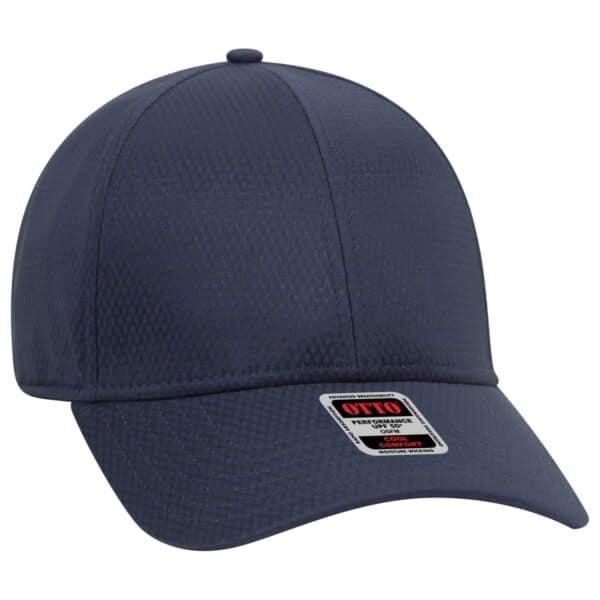 A navy blue six-panel baseball cap featuring a textured design and a logo on the front.