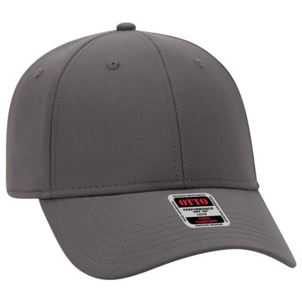 A grey six-panel baseball cap with a logo and a curved brim, designed for outdoor wear.