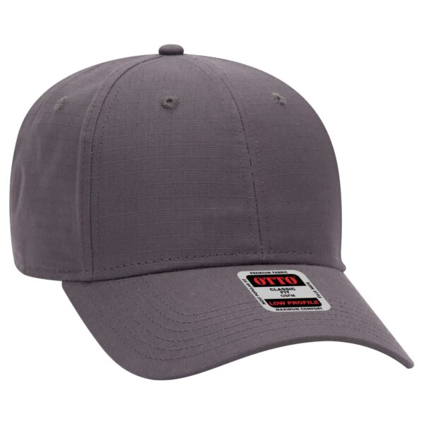 A grey 6 panel baseball cap featuring a low profile design and a logo on the label.