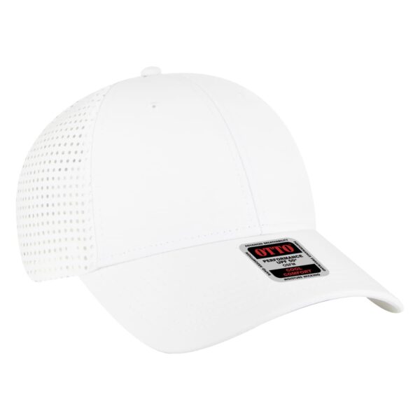 A white baseball cap featuring a mesh back, designed for sun protection with UPF 50+ and includes a logo.