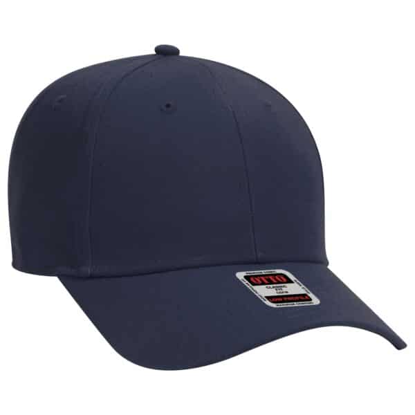 A navy 6-panel baseball cap with a curved brim and a branded label.