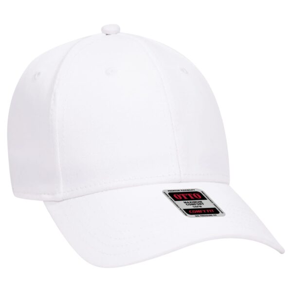 A white 6-panel baseball cap with a curved brim and a logo on the front.